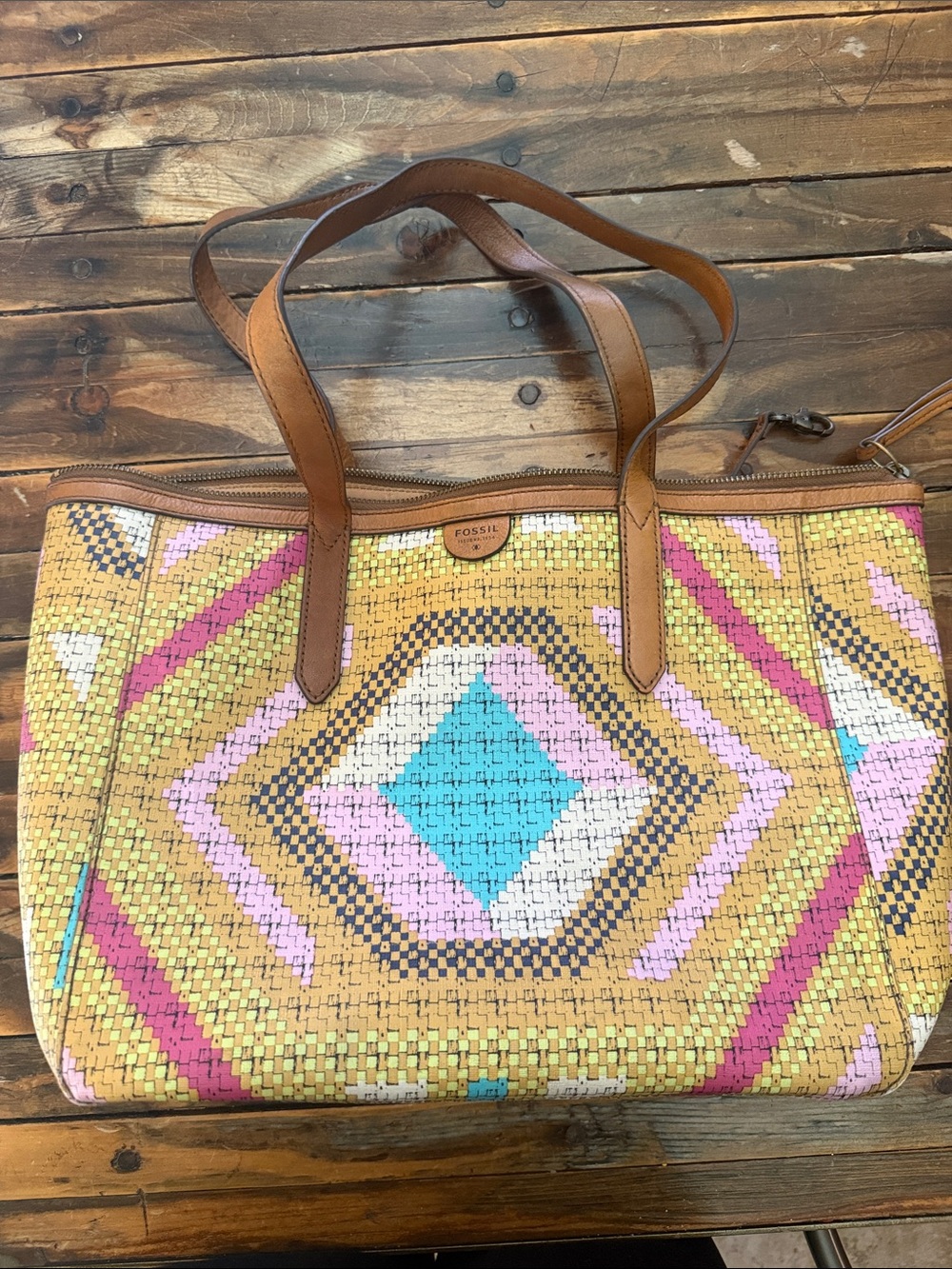 Fossil Multicolor Woven Tote with Brown Leather Straps